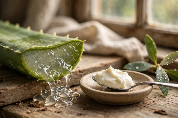 Frunză de aloe vera tăiată cu gel translucid, lingură cu cremă groasă și frunză umedă