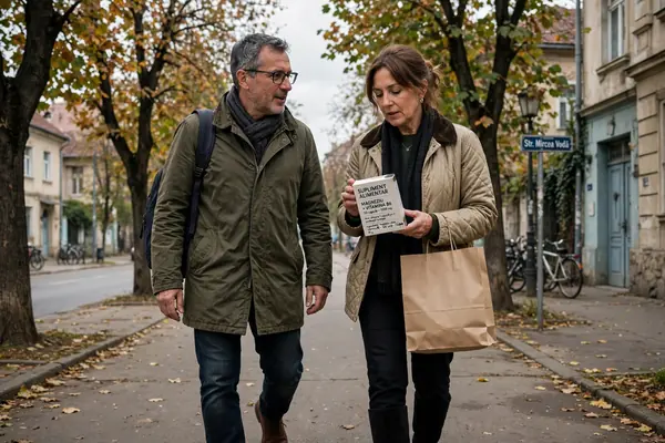 Cuplu mergând pe trotuar într-o zi înnorată, unul ținând o pungă de cumpărături cu un supliment