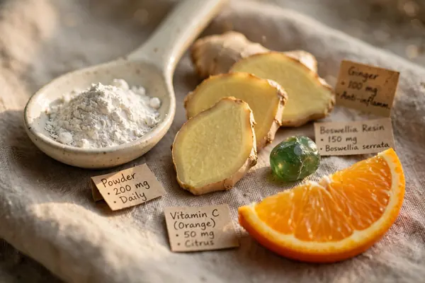 Pulver alb, ghimbir, resin Boswellia și jumătate de portocală pe pânză