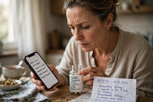 Oameni compară etichetă de supliment cu smartphone și rețetă.