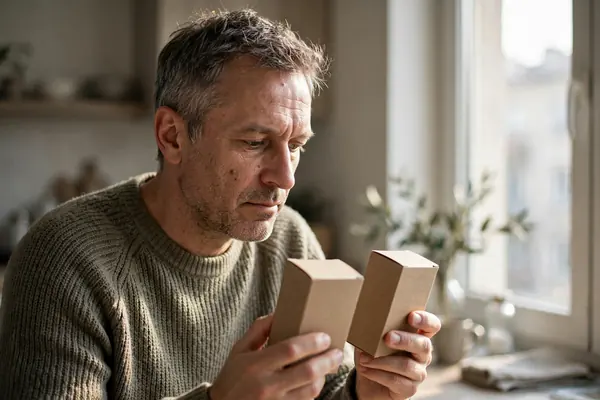 Portret bărbațat de 45 de ani, luminat din lateral, stând la o masă de sufragerie, privind gânditor la o agendă scrisă de mână. Lumina naturală de la fereastră evidențiază trăsăturile faciale. Fundalul este un living room estompat.