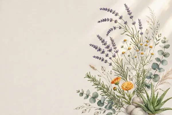 O ilustrație cu elemente naturale și plante medicinale într-o lumină difuză, simbolizând echilibrul și sănătatea.